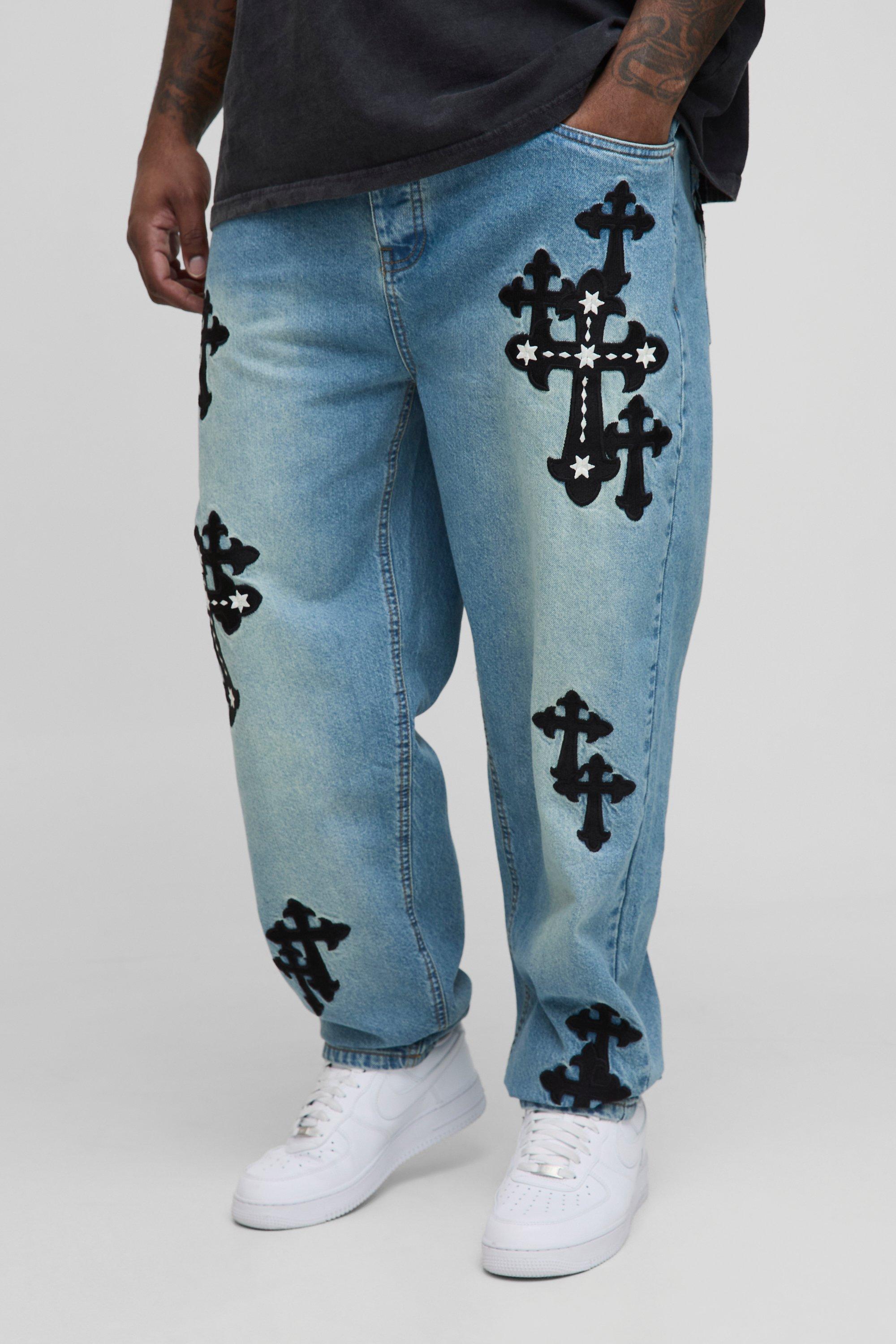 Mens Blue Plus Gothic Cross Applique Slim Stacked Jeans, Blue
